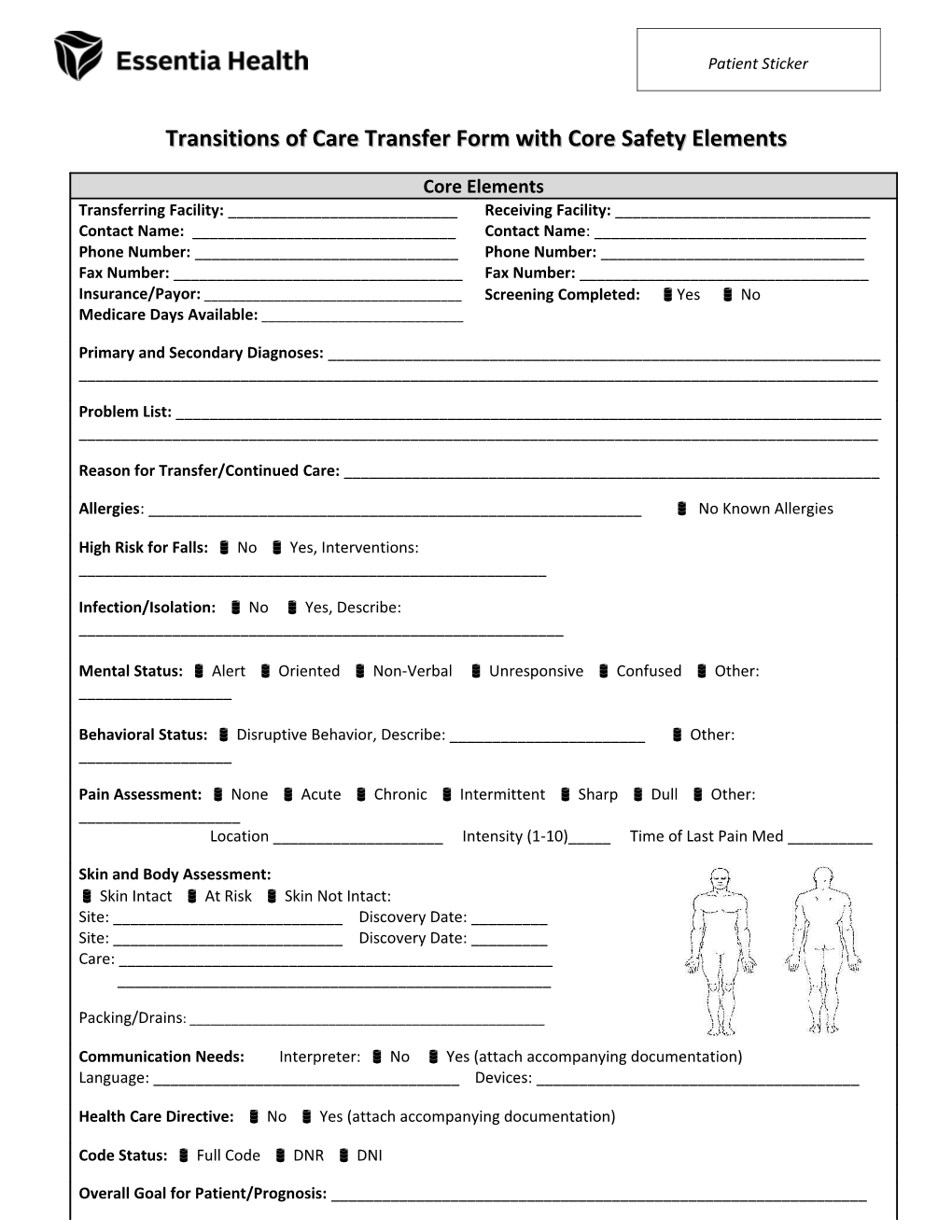 Transitions of Care Transfer Form with Core Safety Elements