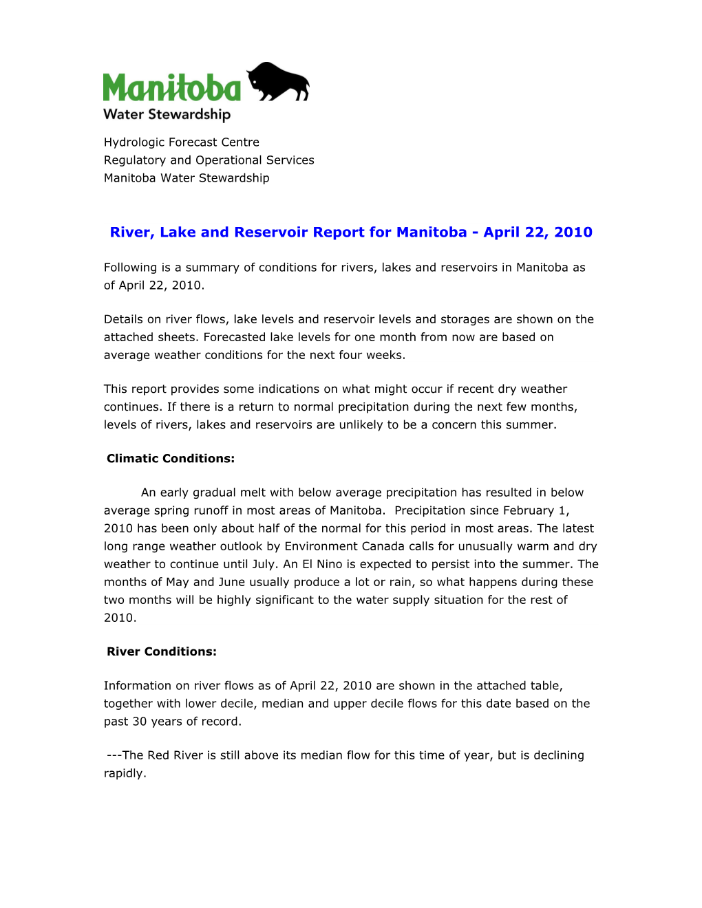 River, Lake and Reservoir Report for Manitoba - April 22, 2010