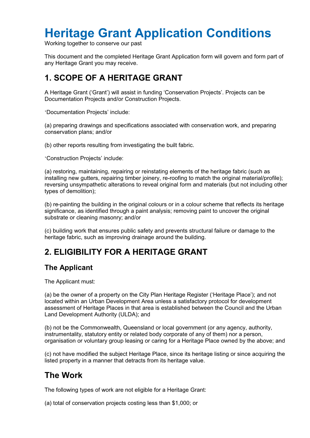 Heritage Grant Application Conditions