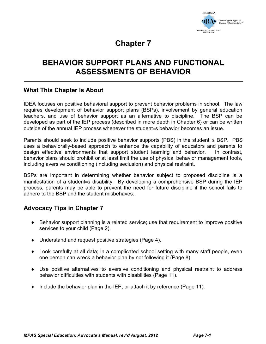 Behavior Support Plans and Functional Assessments of Behavior