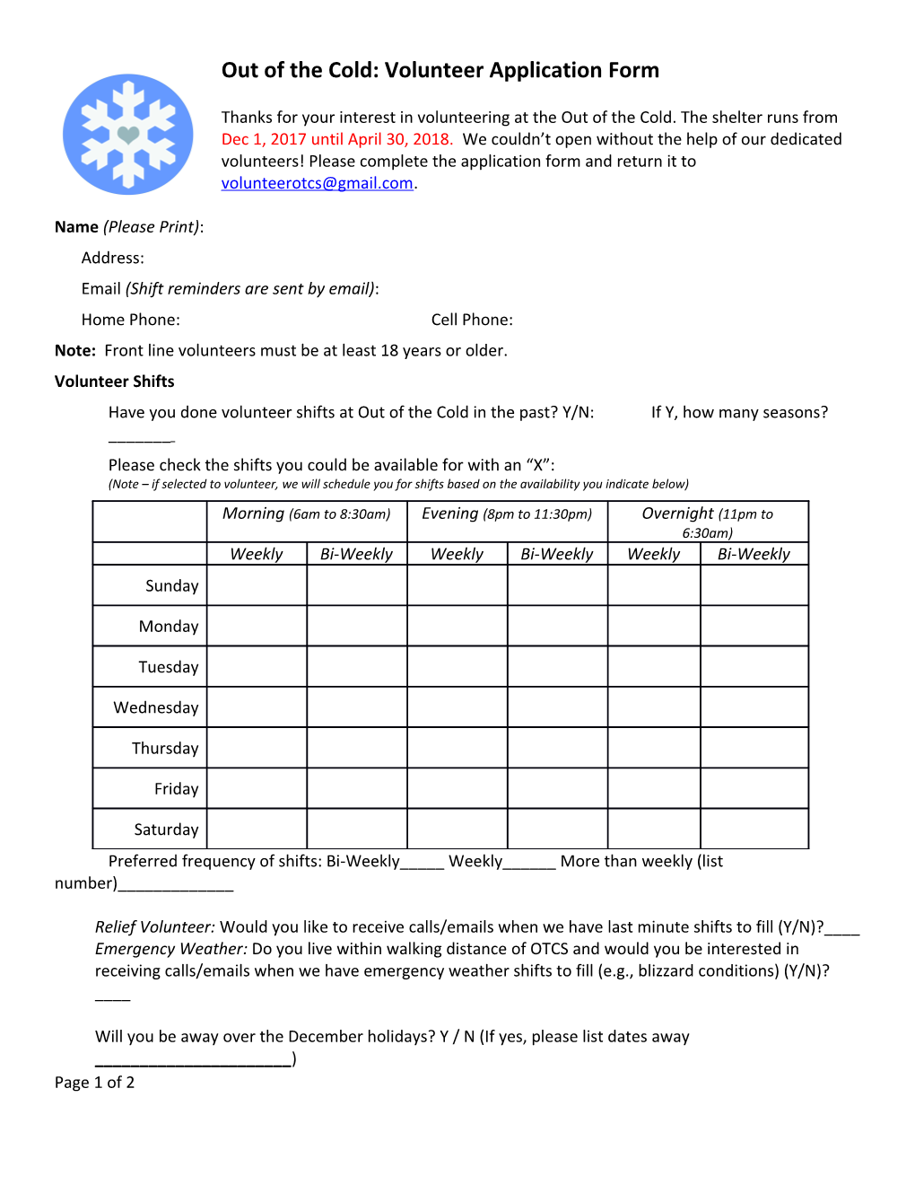 Out of the Cold: Volunteer Application Form