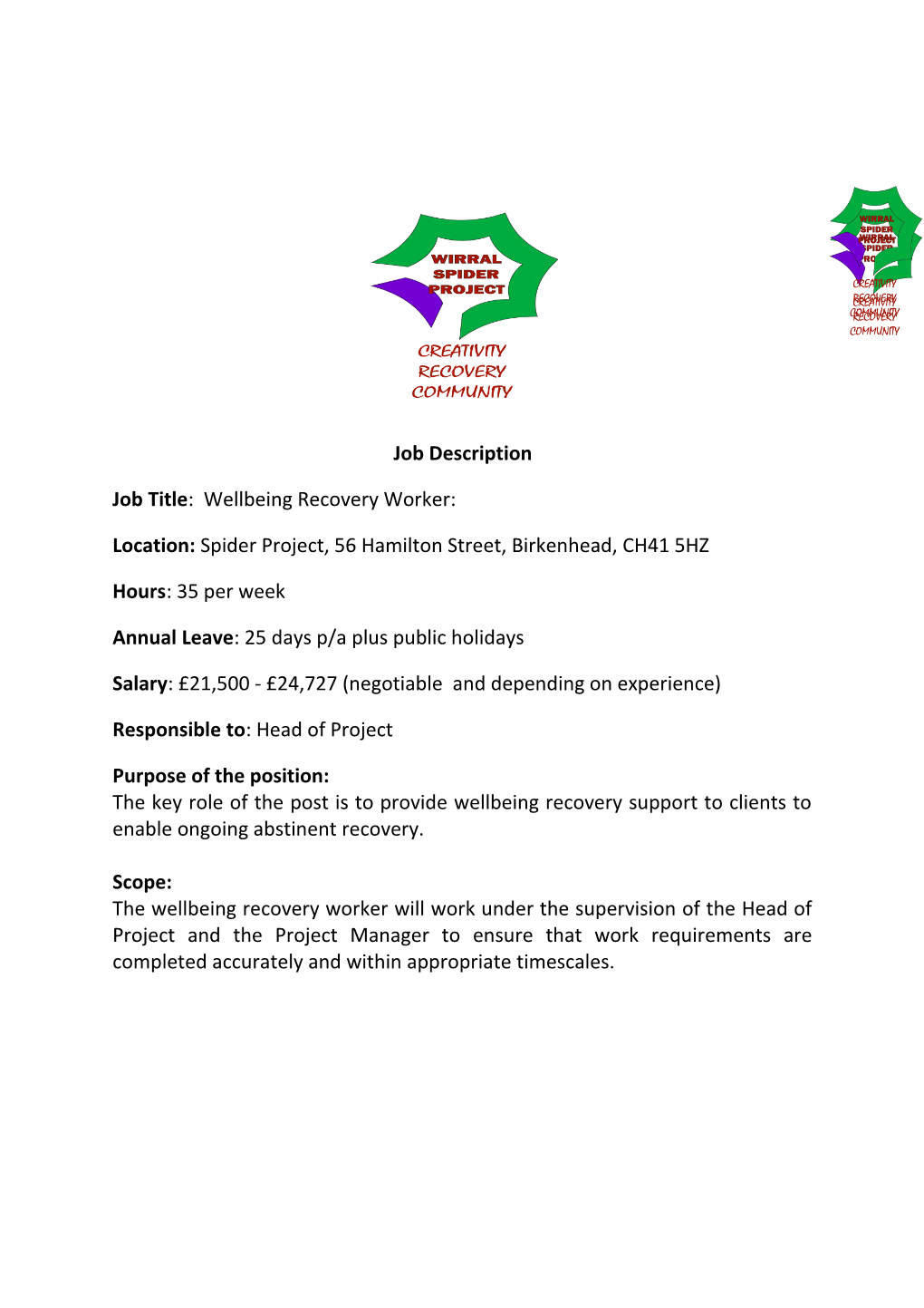 Job Title: Wellbeing Recovery Worker