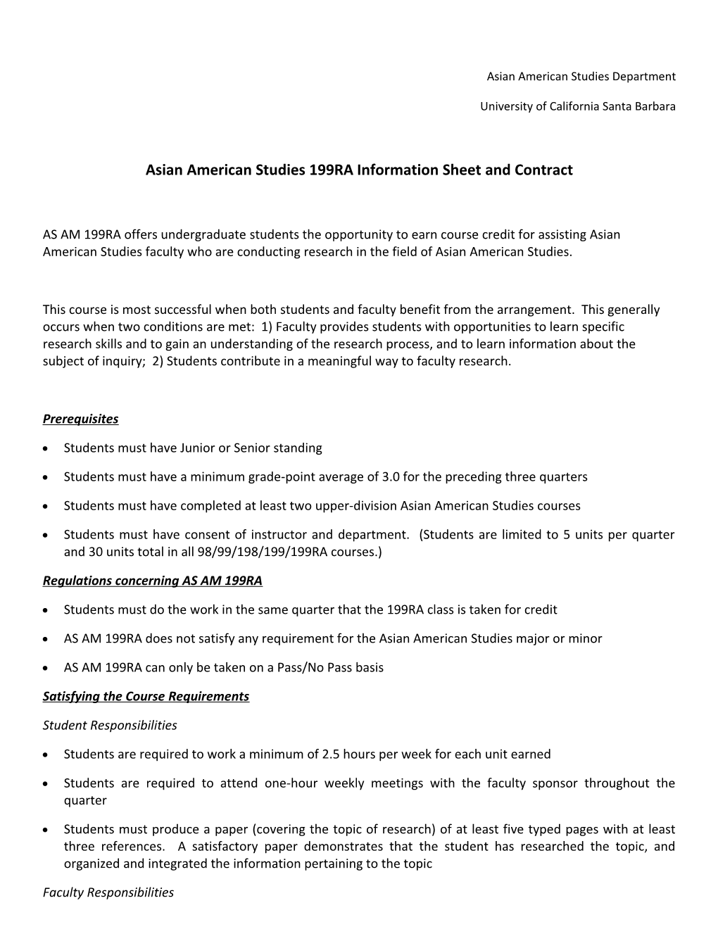 Asian American Studies 199RA Information Sheet and Contract