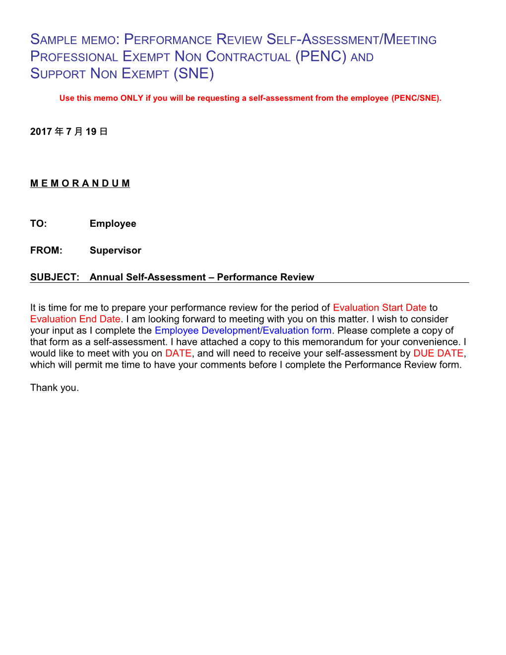 Sample Memo: Performance Review Self-Assessment/Meeting Professional Exempt Non Contractual (PENC) And Support Non Exempt (SNE)