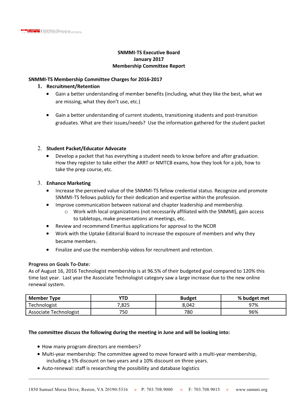 SNMMI-TS Membership Committee Charges for 2016-2017