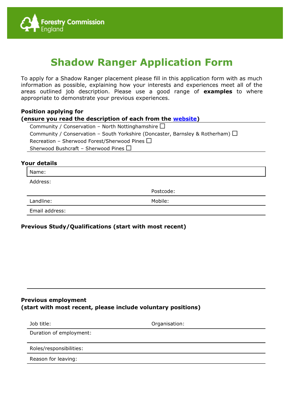 Shadow Ranger Application Form