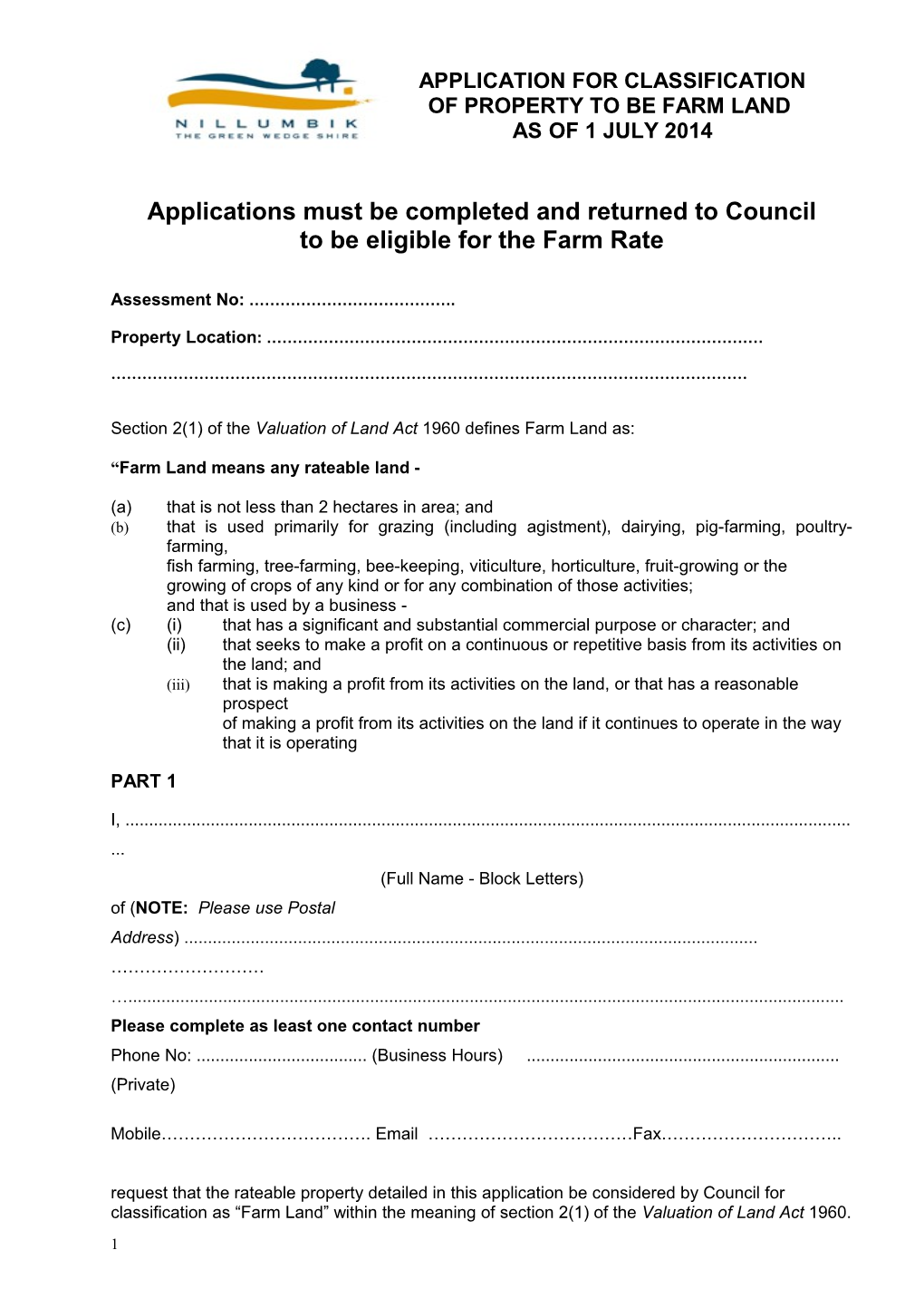 Farm Land Rebate Application