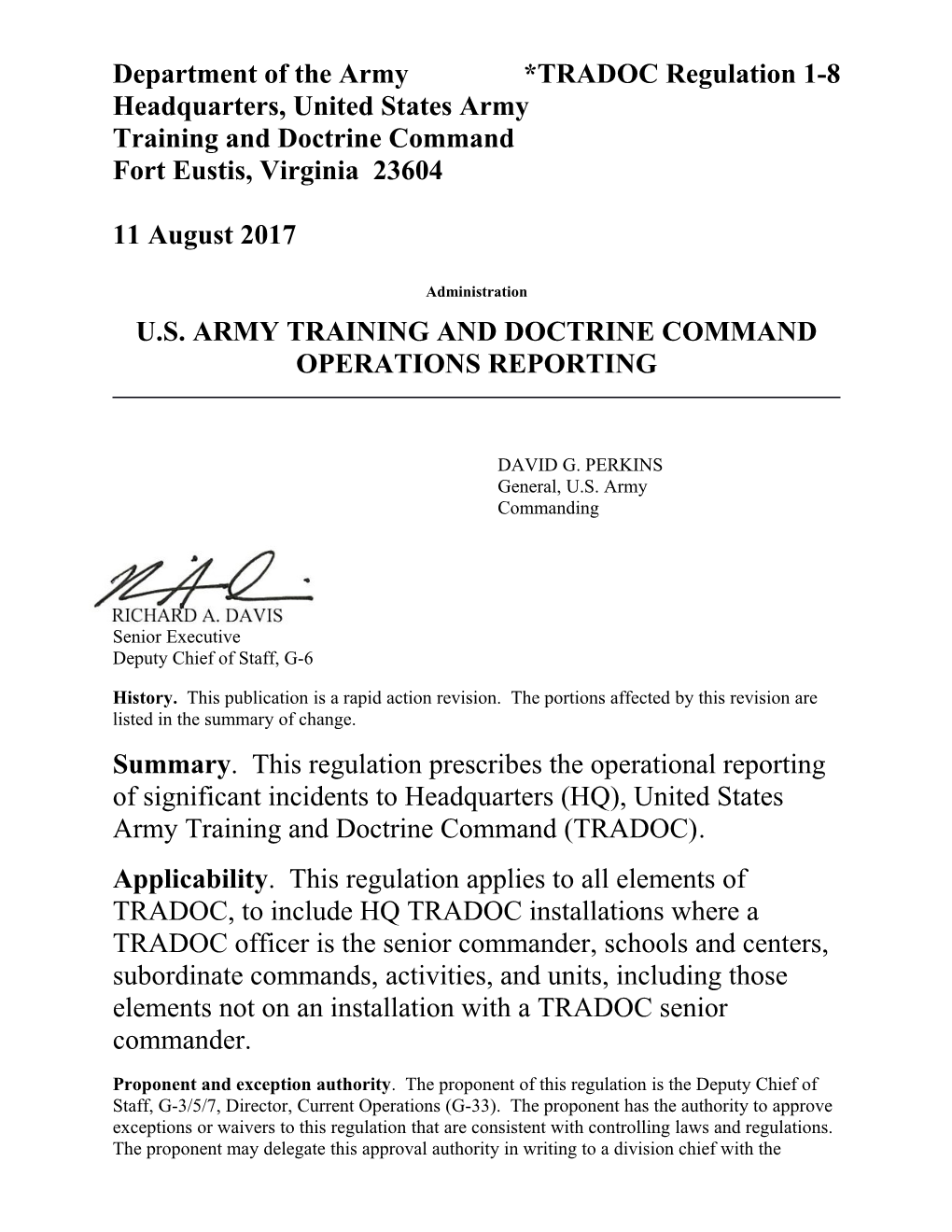 Department of the Army *TRADOC Regulation 1-8