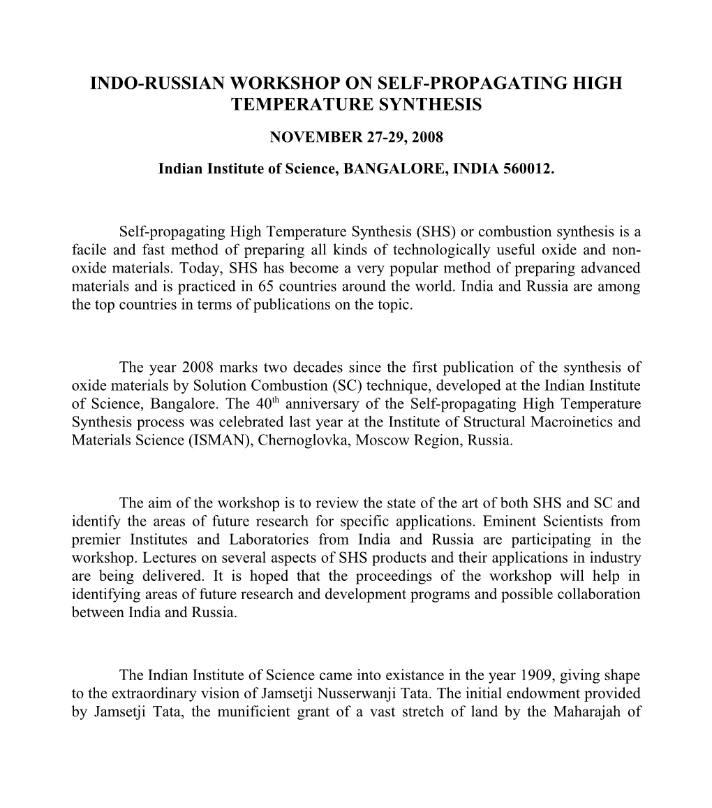 Indo-Russian Workshop on Self-Propagating High Temperature Synthesis