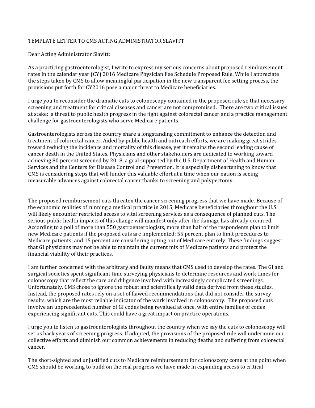Template Letter to Cms Acting Administrator Slavitt