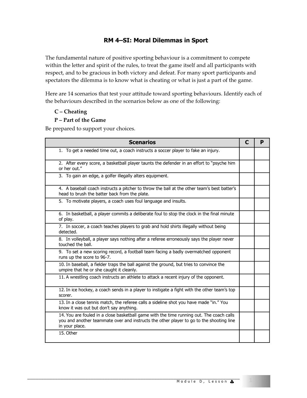 RM 4 SI: Moral Dilemmas in Sport