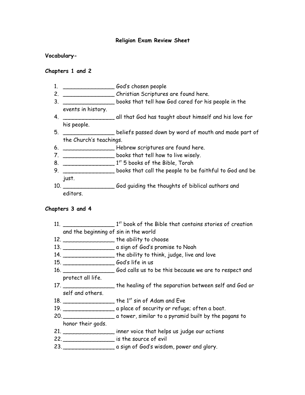 Religion Exam Review Sheet