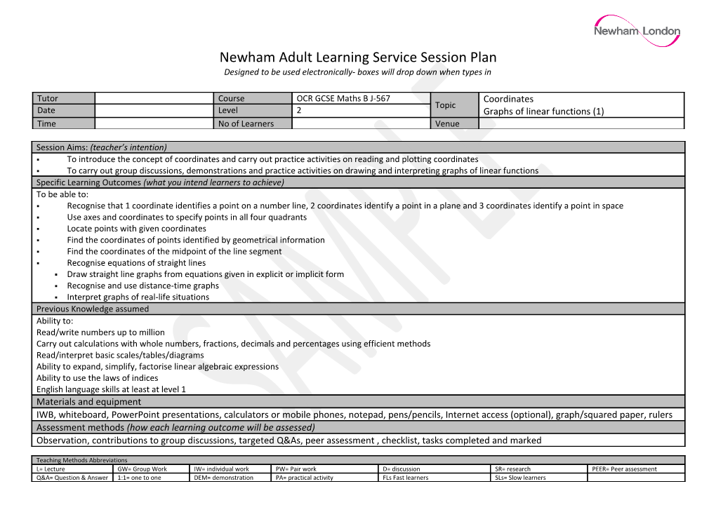 Newham Adult Learning Service Session Plan