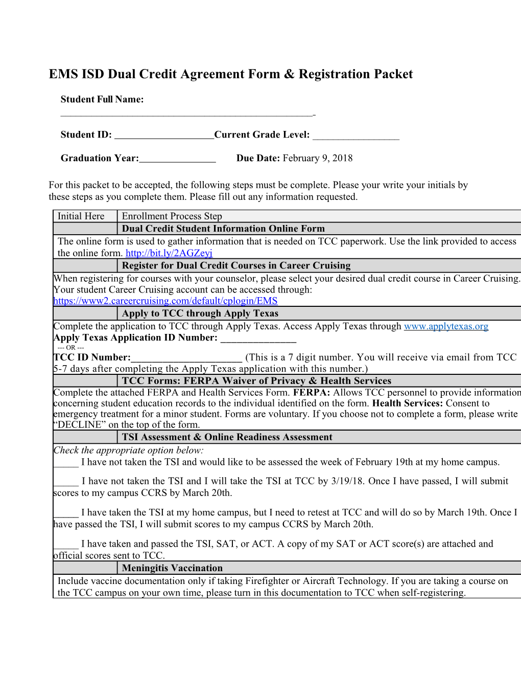 EMS ISD Dual Credit Agreement Form & Registration Packet
