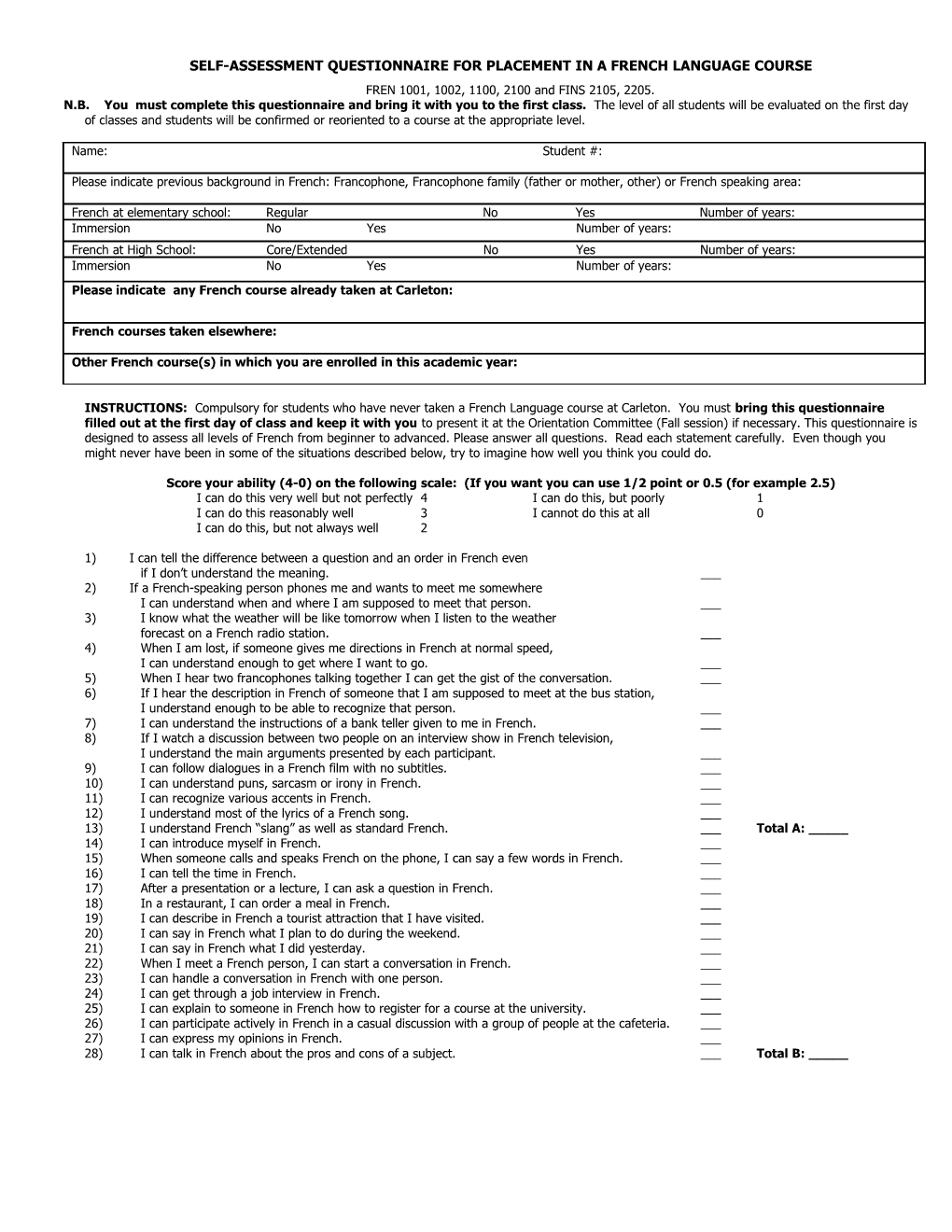 Self-Assessment Questionnaire for Placement in a French Language Course