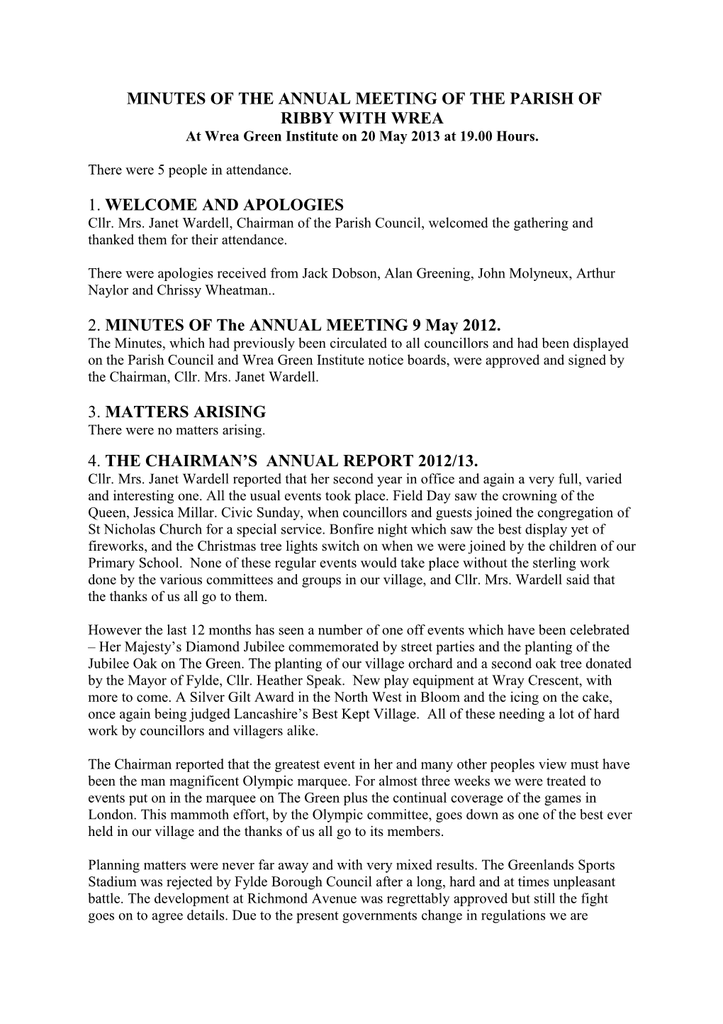 Minutes of the Annual Meeting of the Parish Of