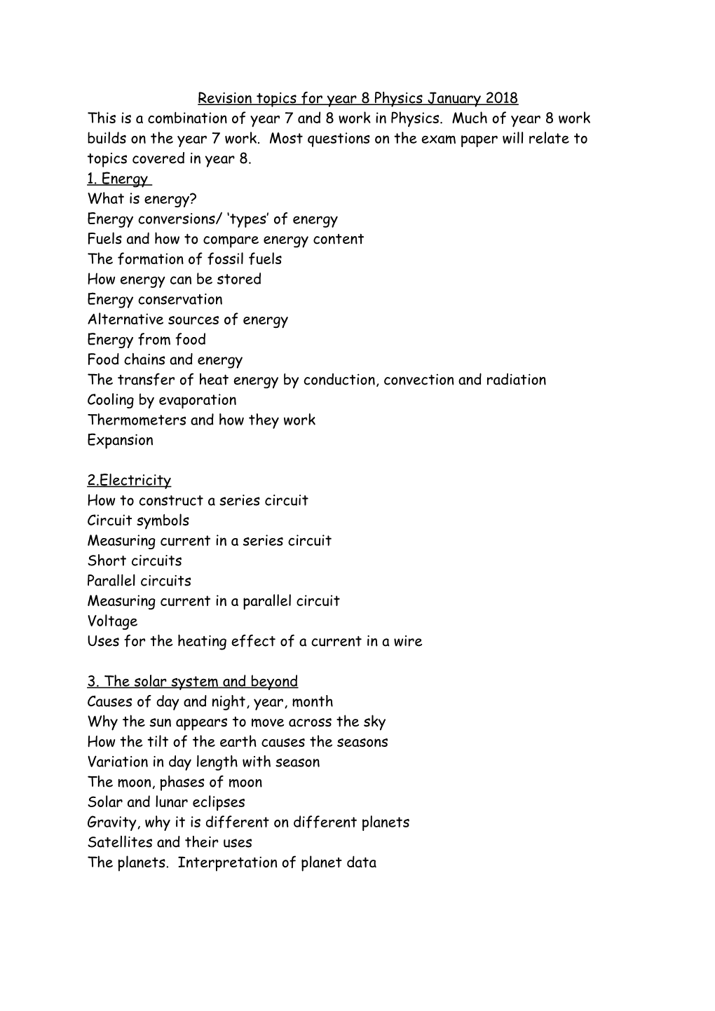 Revision Topics for Year 8 Physics January 2018