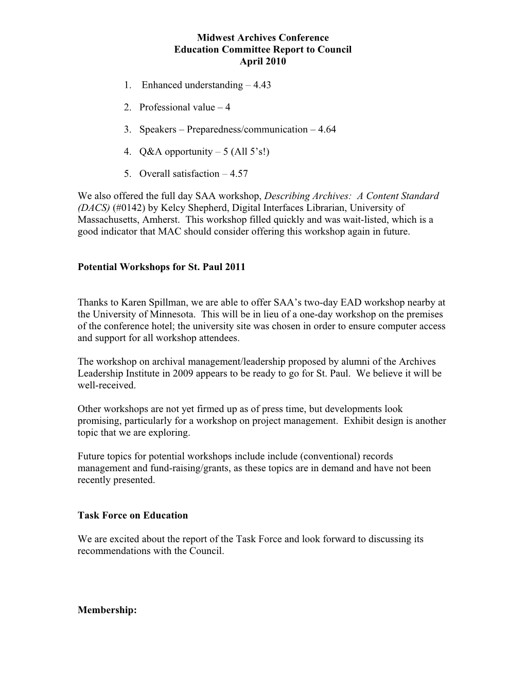 Education Committee Report to Council