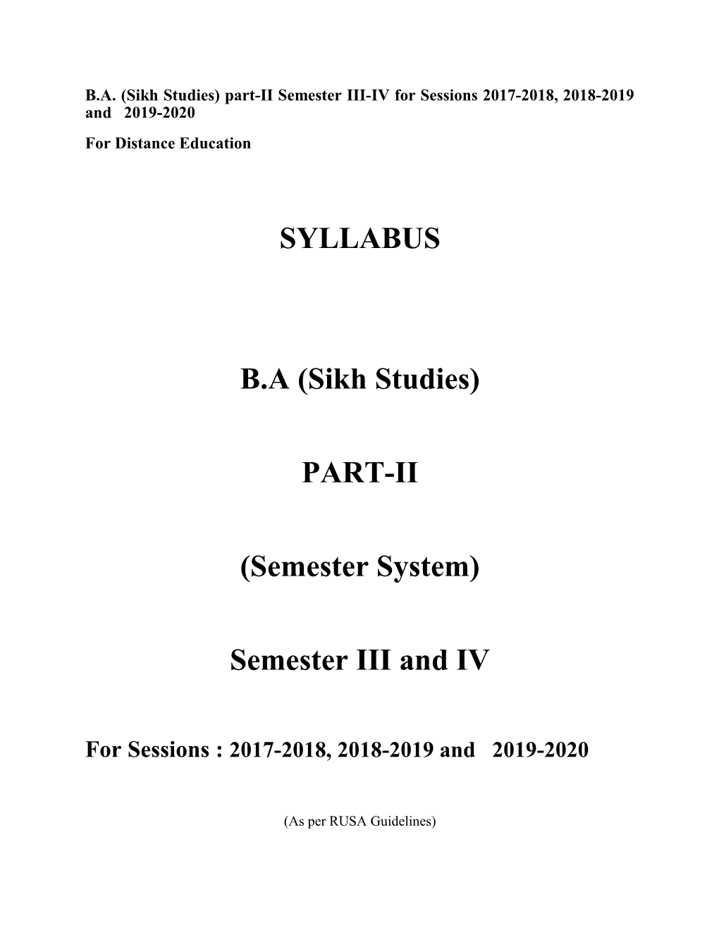 B.A. (Sikh Studies) Part-II Semester III-IV for Sessions 2017-2018, 2018-2019 and 2019-2020
