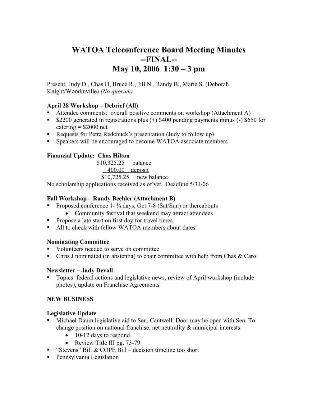 WATOA Teleconference Board Meeting Minutes