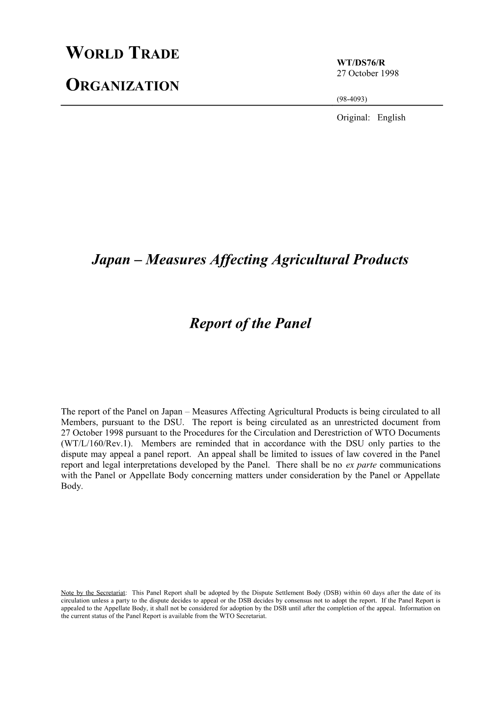 Japan Measures Affecting Agricultural Products