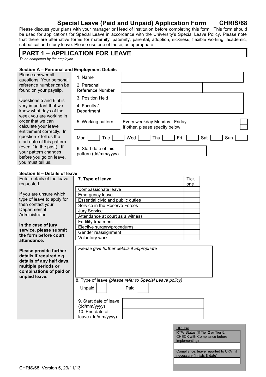 Special Leave (Paid and Unpaid) Application Form