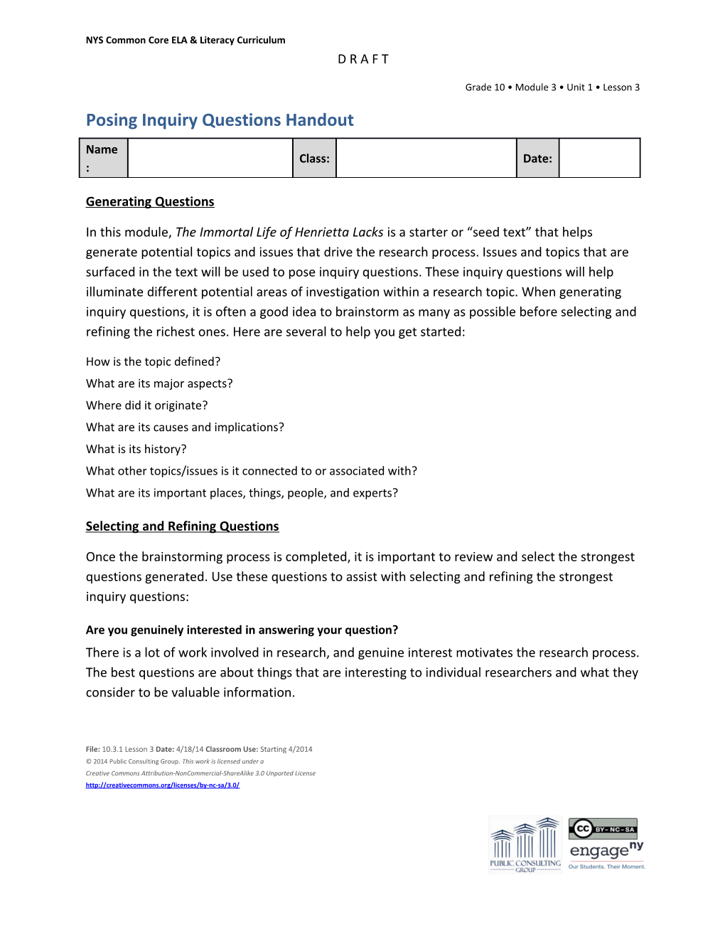 Posing Inquiry Questions Handout