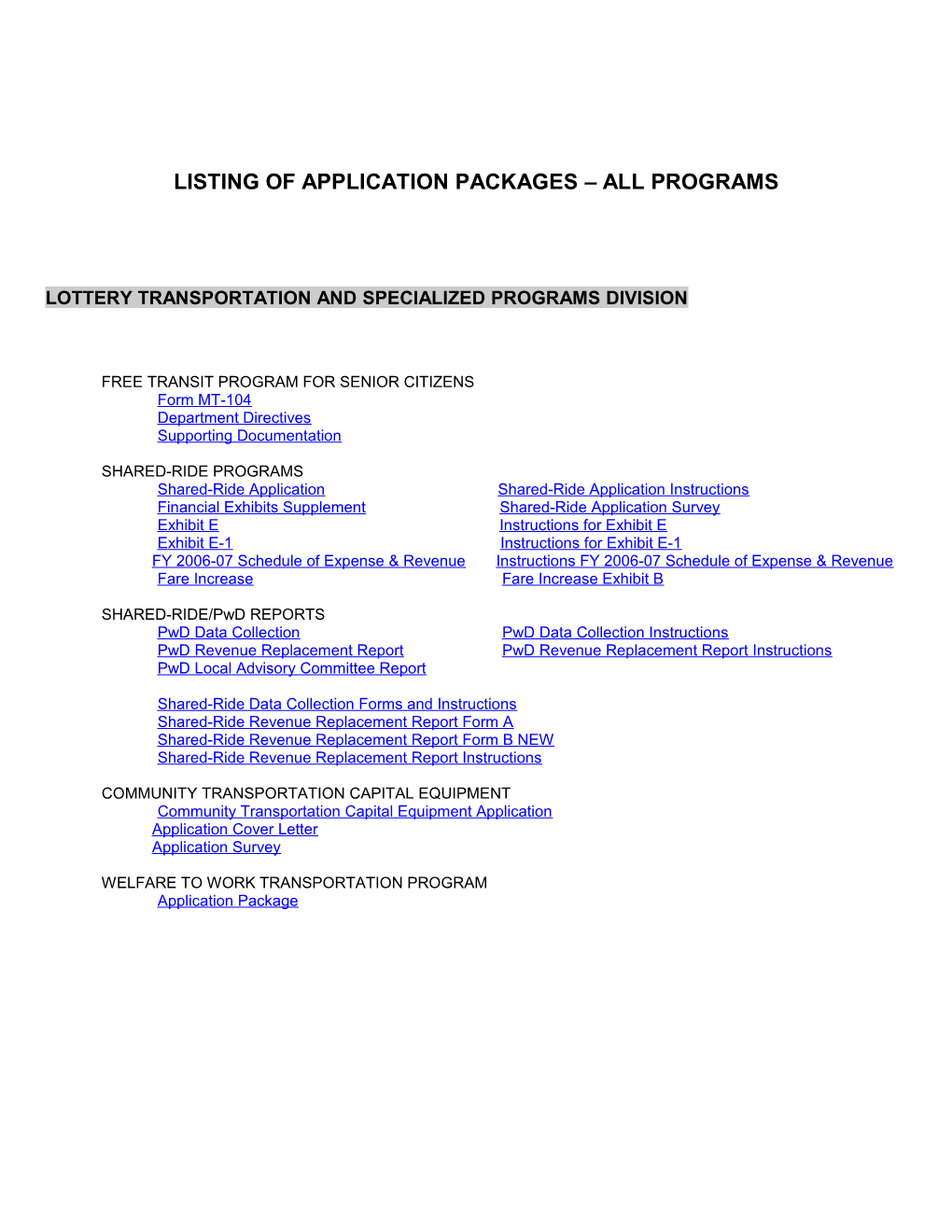 Listing of Application Packages All Programs