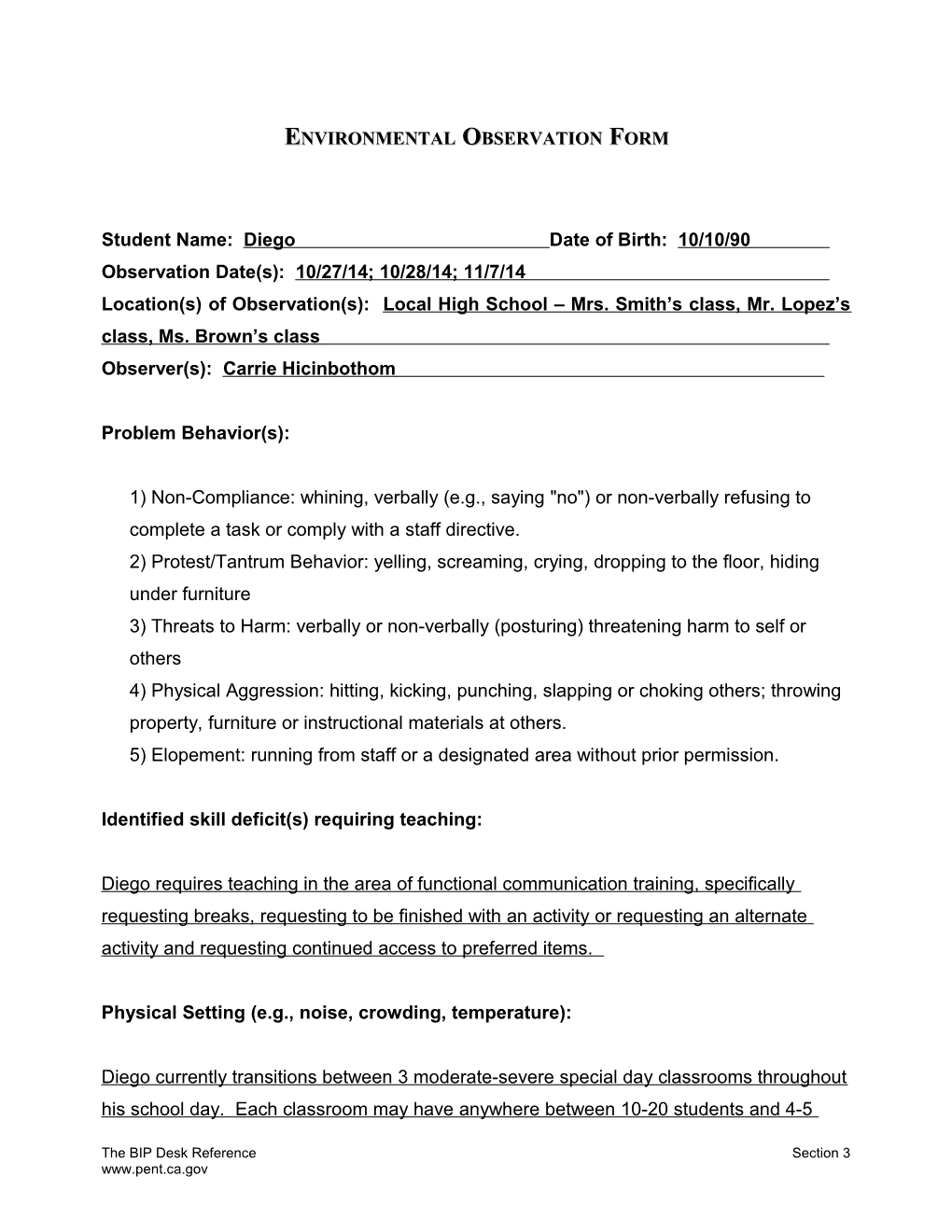 Environmental Observation Form