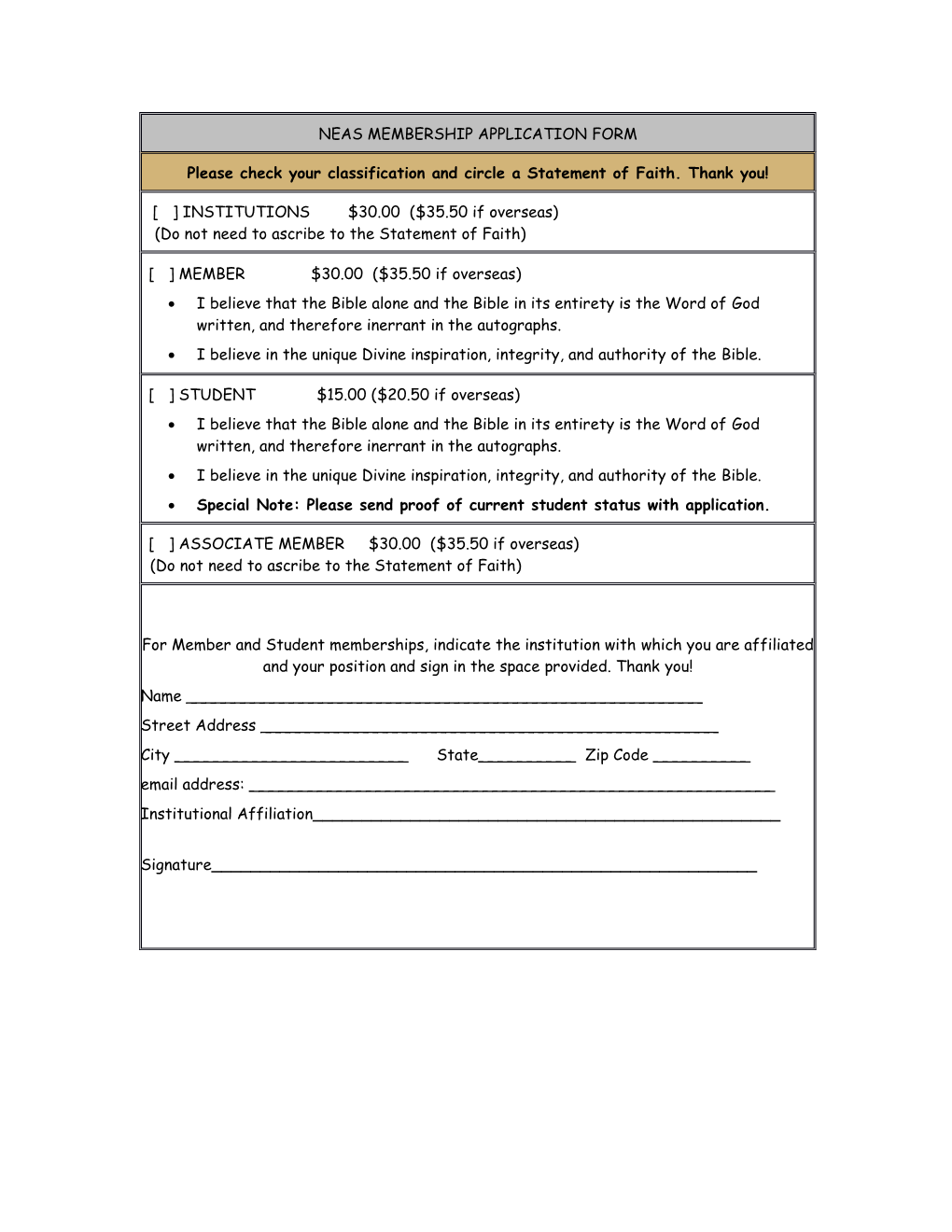Neas Membership Application Form