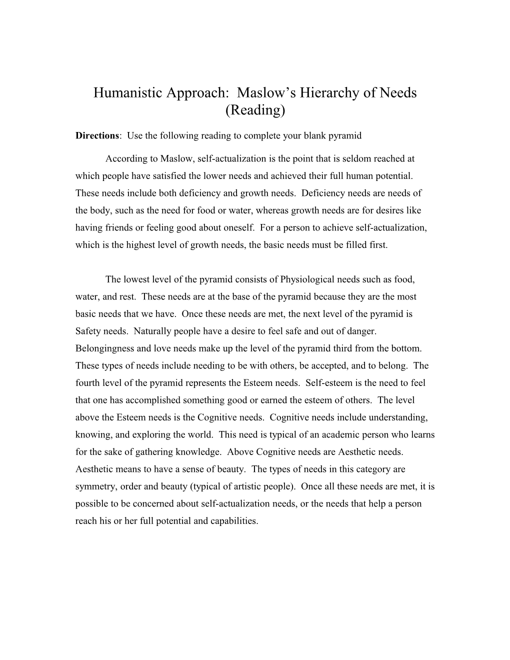Humanistic Approach: Maslow S Hierarchy of Needs (Reading)