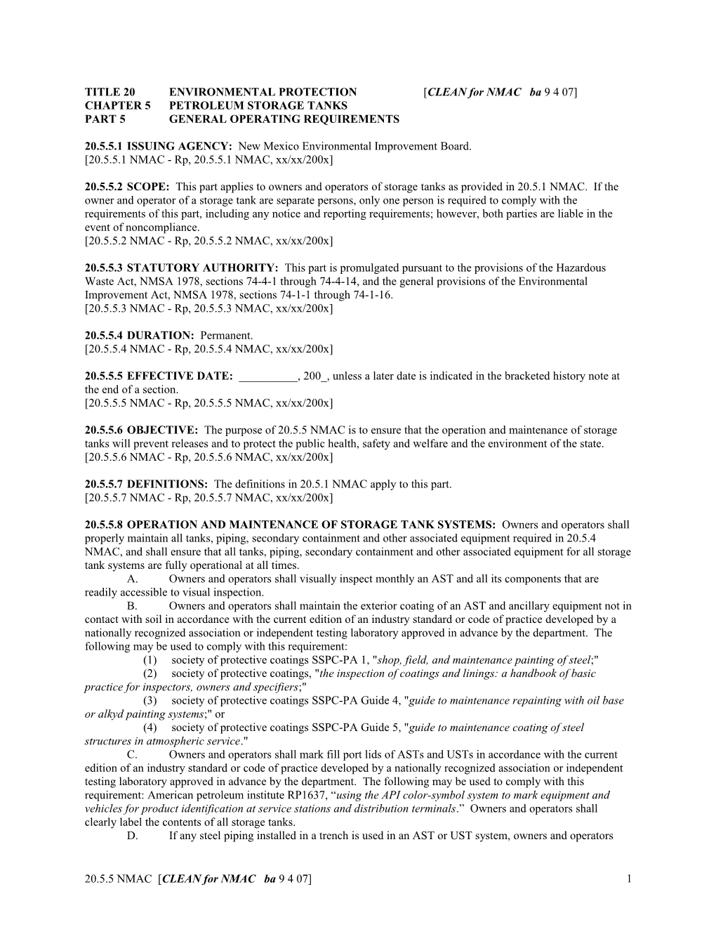 TITLE 20 ENVIRONMENTAL PROTECTION CLEAN for NMAC Ba 9 4 07