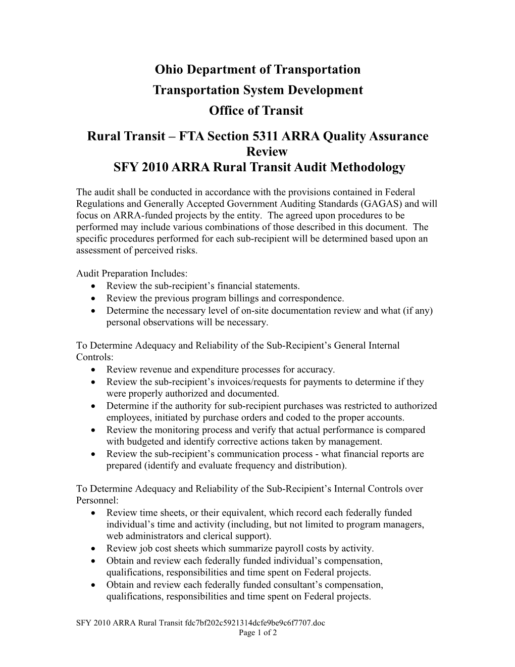 Rural Transit FTA Section 5311 ARRA Quality Assurance Review