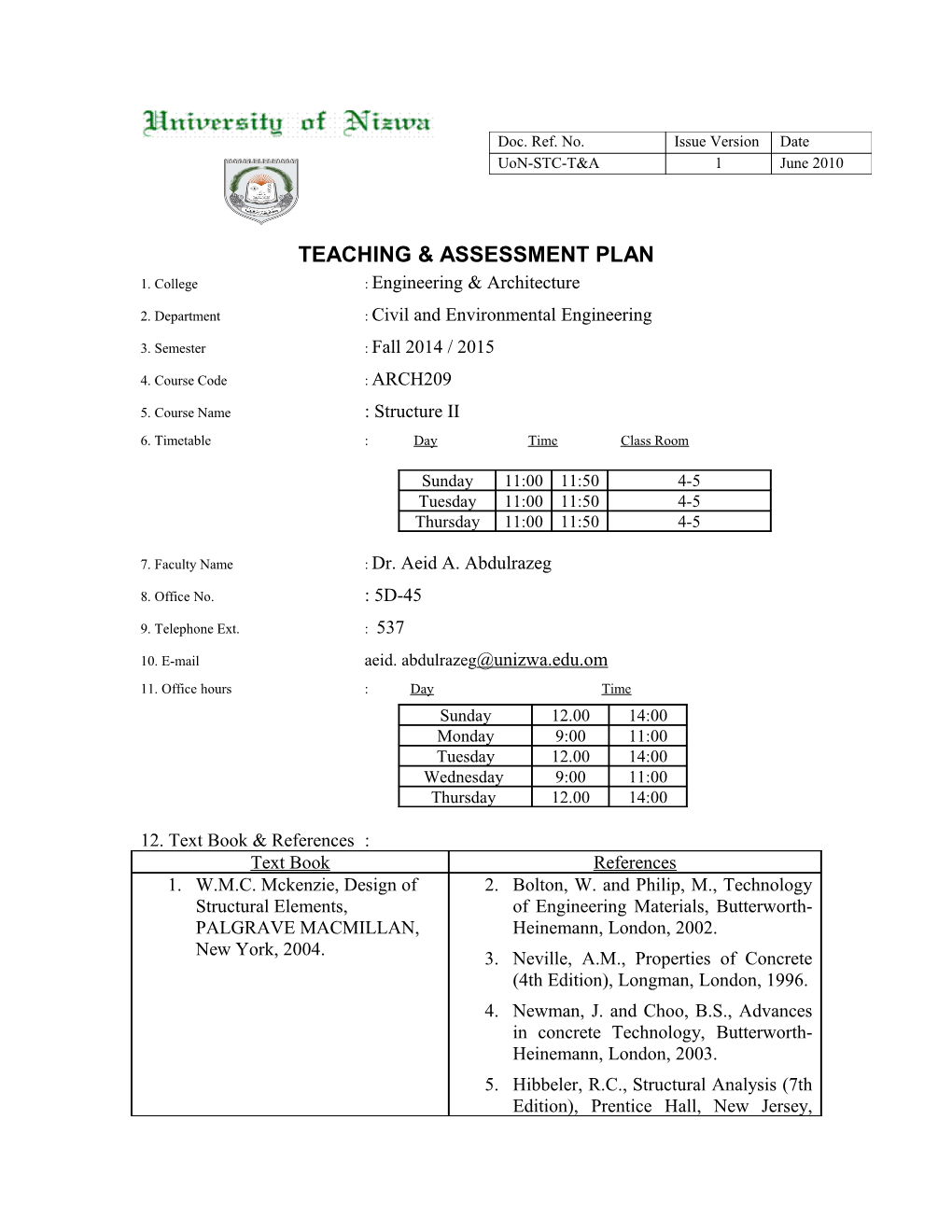 Teaching & Assessment Plan