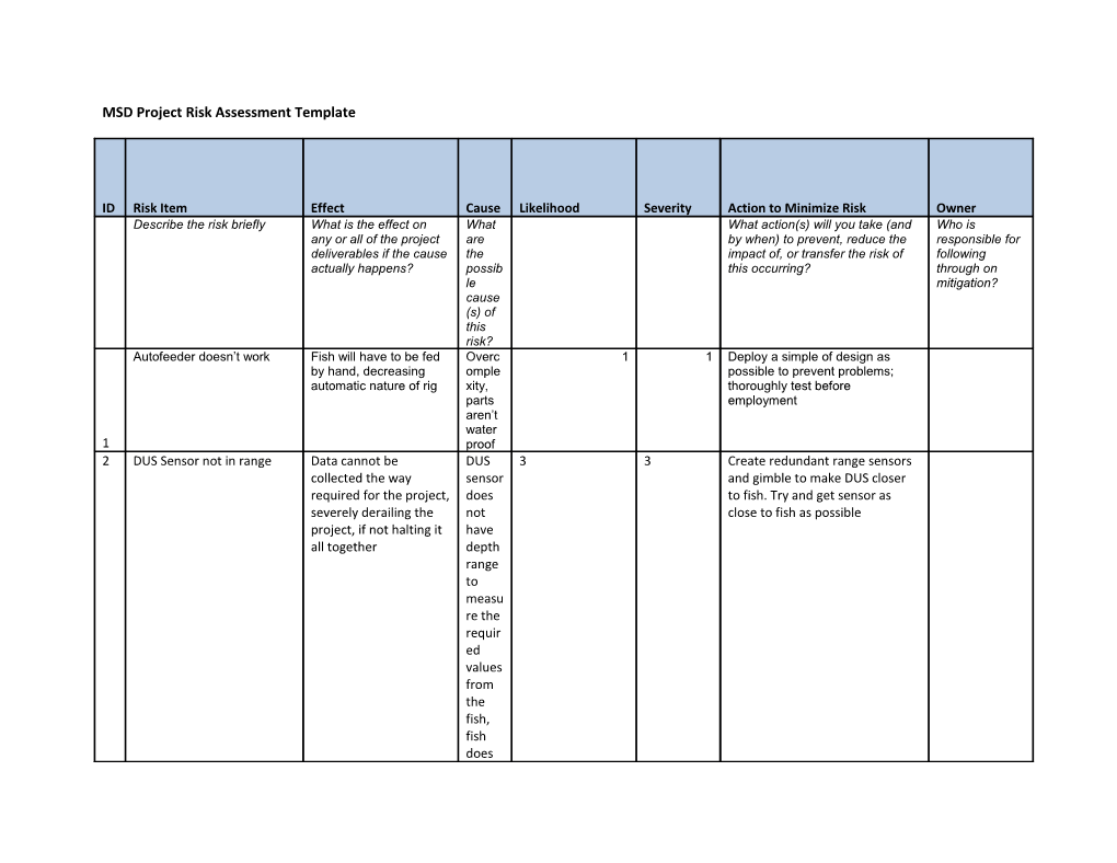 MSD Project Risk Assessment Template s2