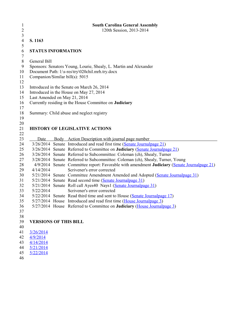 2013-2014 Bill 1163: Child Abuse and Neglect Registry - South Carolina Legislature Online