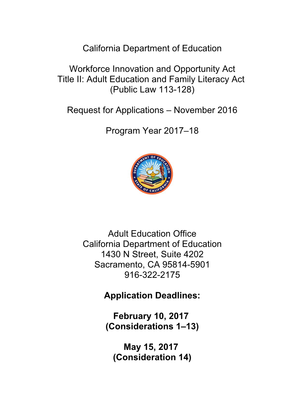 RFA-17: WIOA (CA Dept of Education)