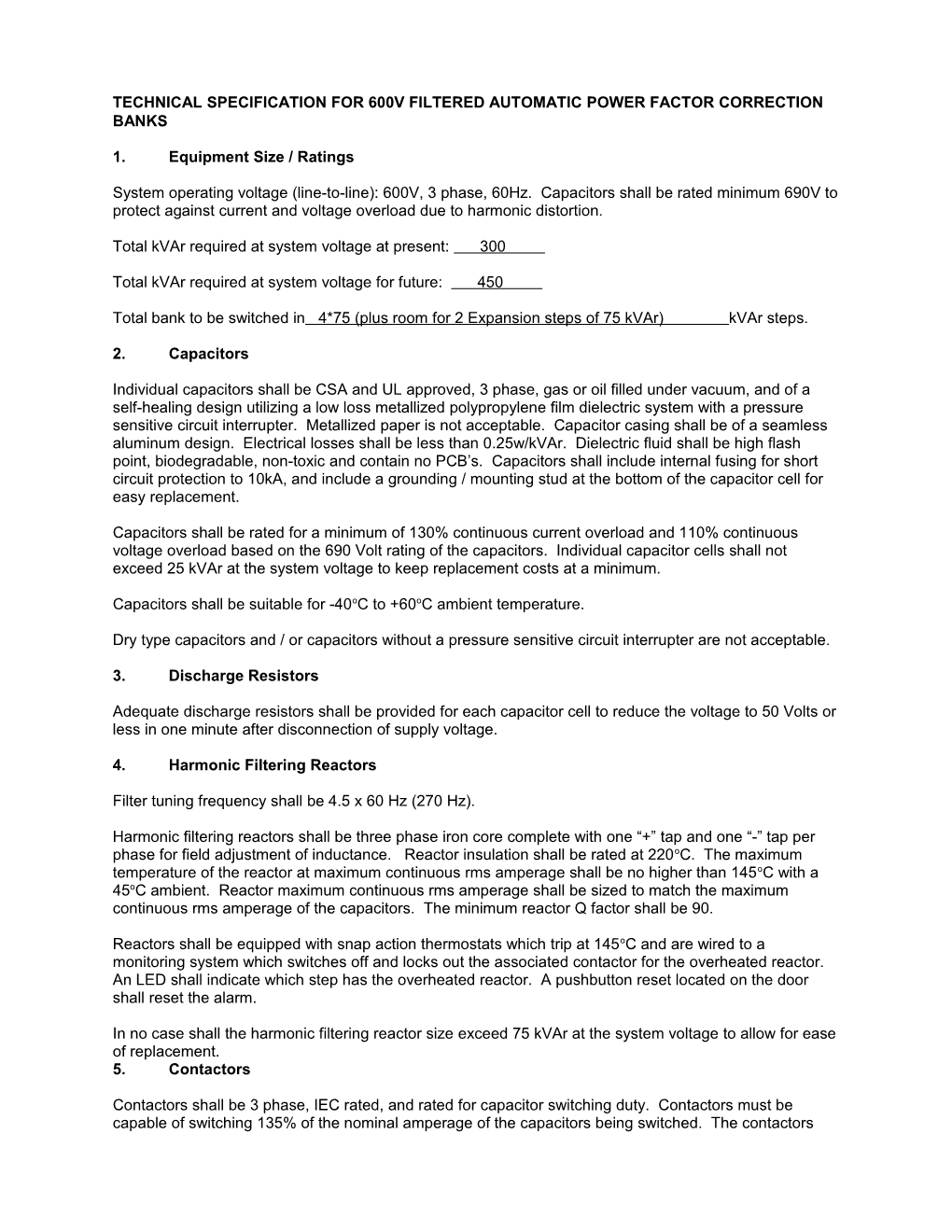 Technical Specification for 600V Filtered Automatic Power Factor Correction Banks