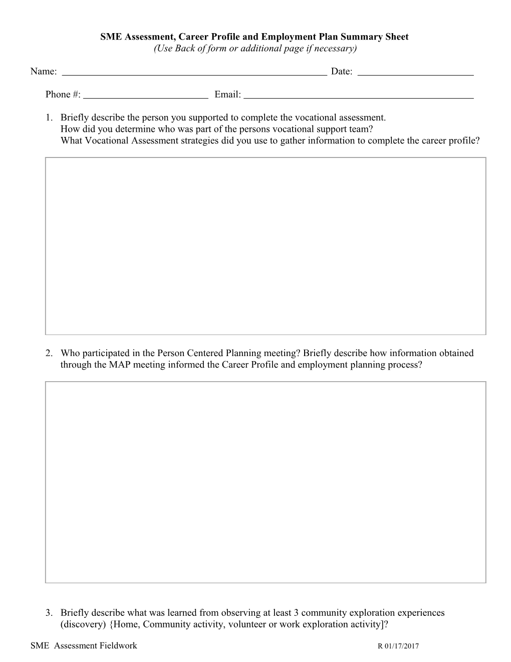 Fieldwork 1, Summary Sheet A
