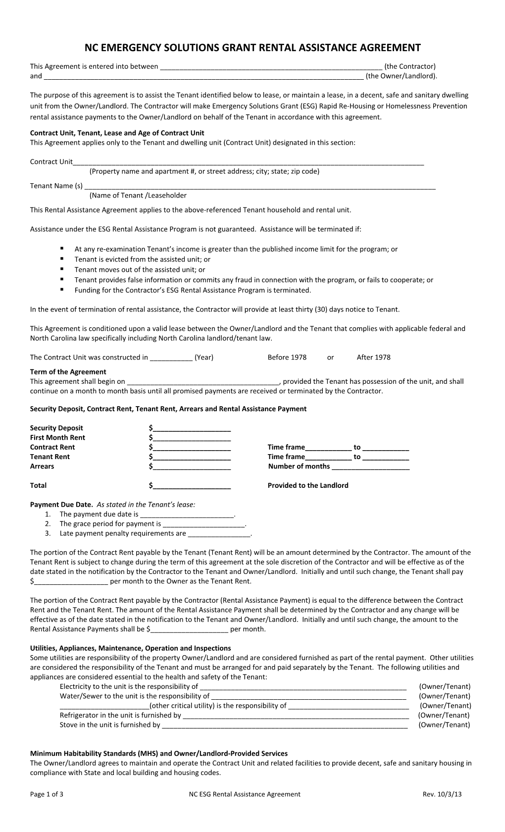 NC HPRP Housing Assistance Payments (HAP) Agreement
