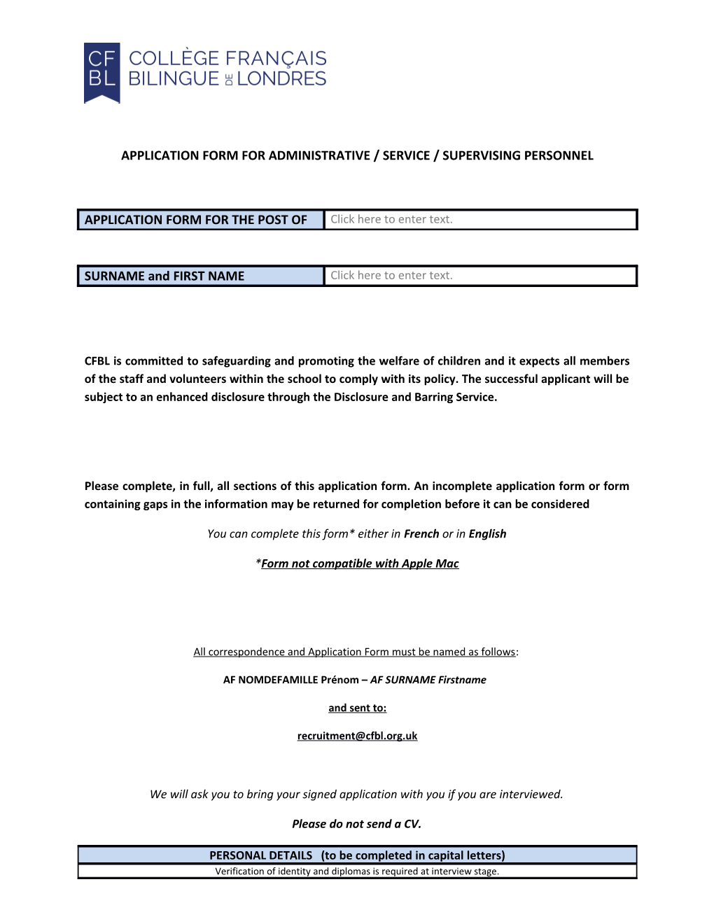 Application Form for Administrative / Service / Supervising Personnel