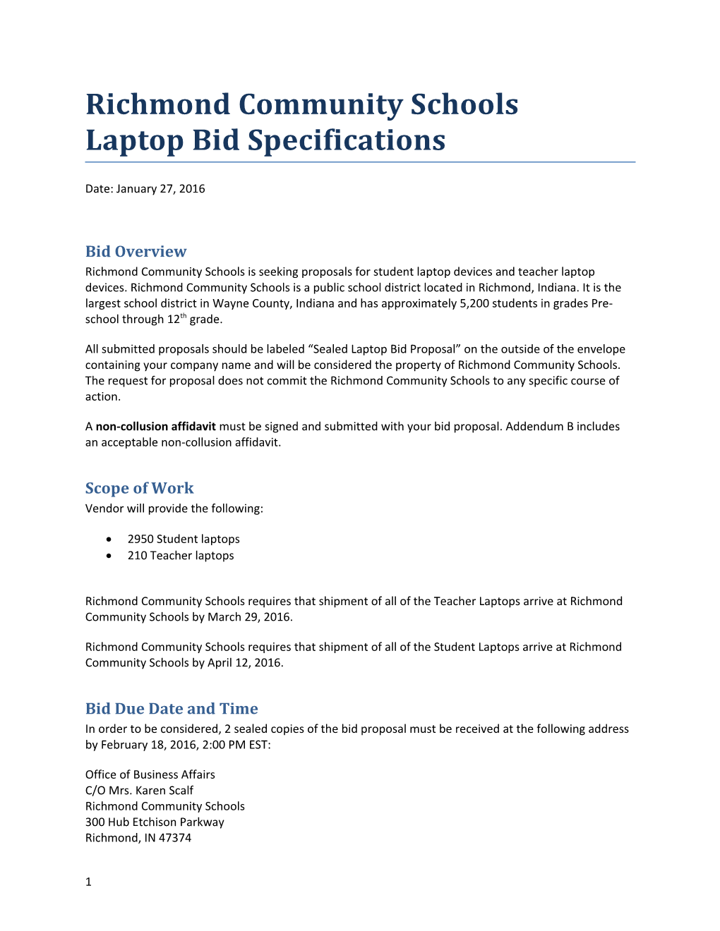 Richmond Community Schools Laptop Bid Specifications