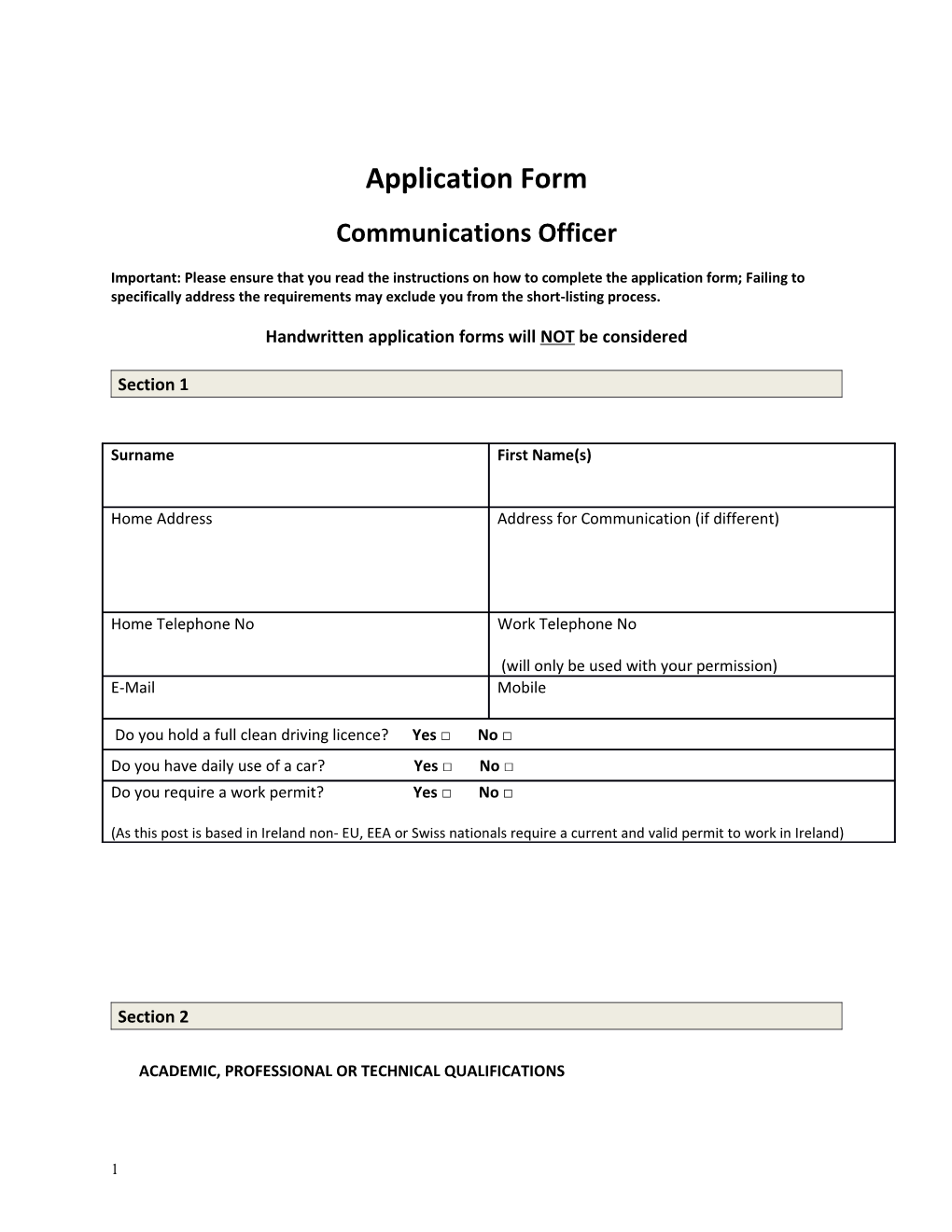 Handwritten Application Forms Will NOT Be Considered