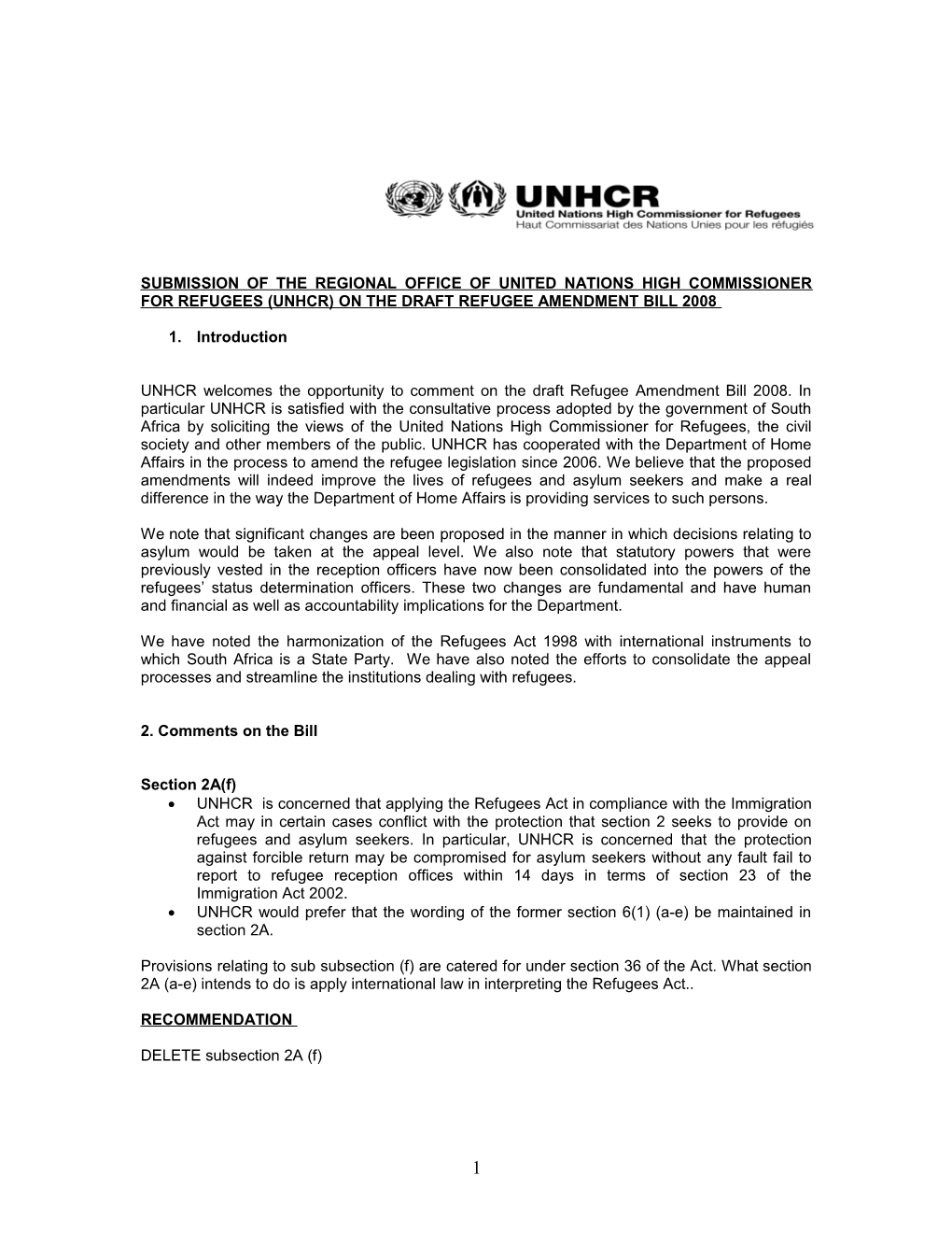 Submission of the Regional Office of United Nations High Commissioner for Refugees (Unhcr)
