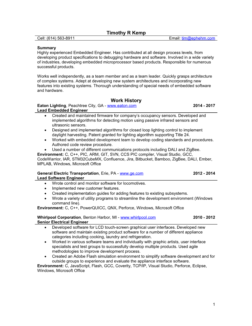 Timothy R Kemp - Resume