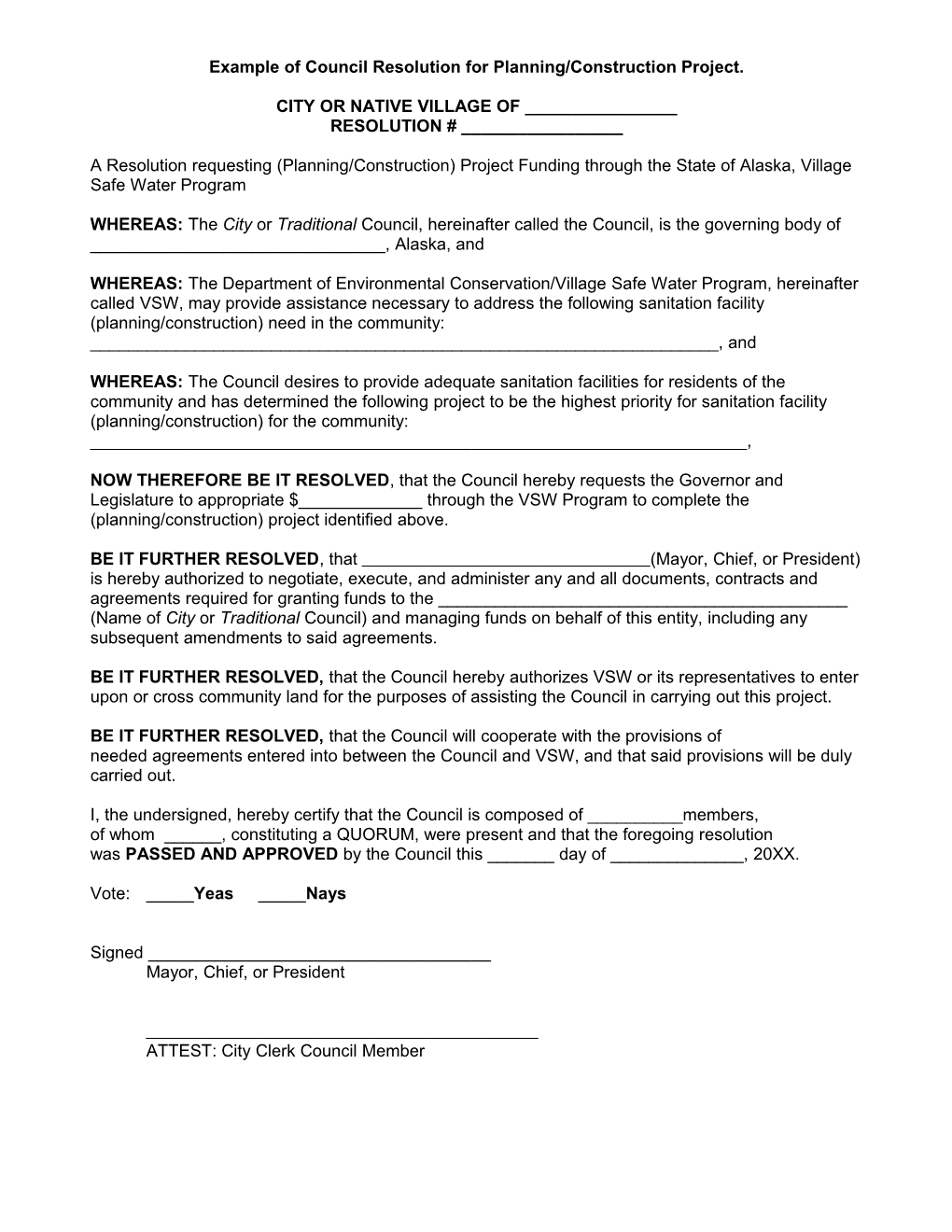 Example of Council Resolution for Planning/Construction Project