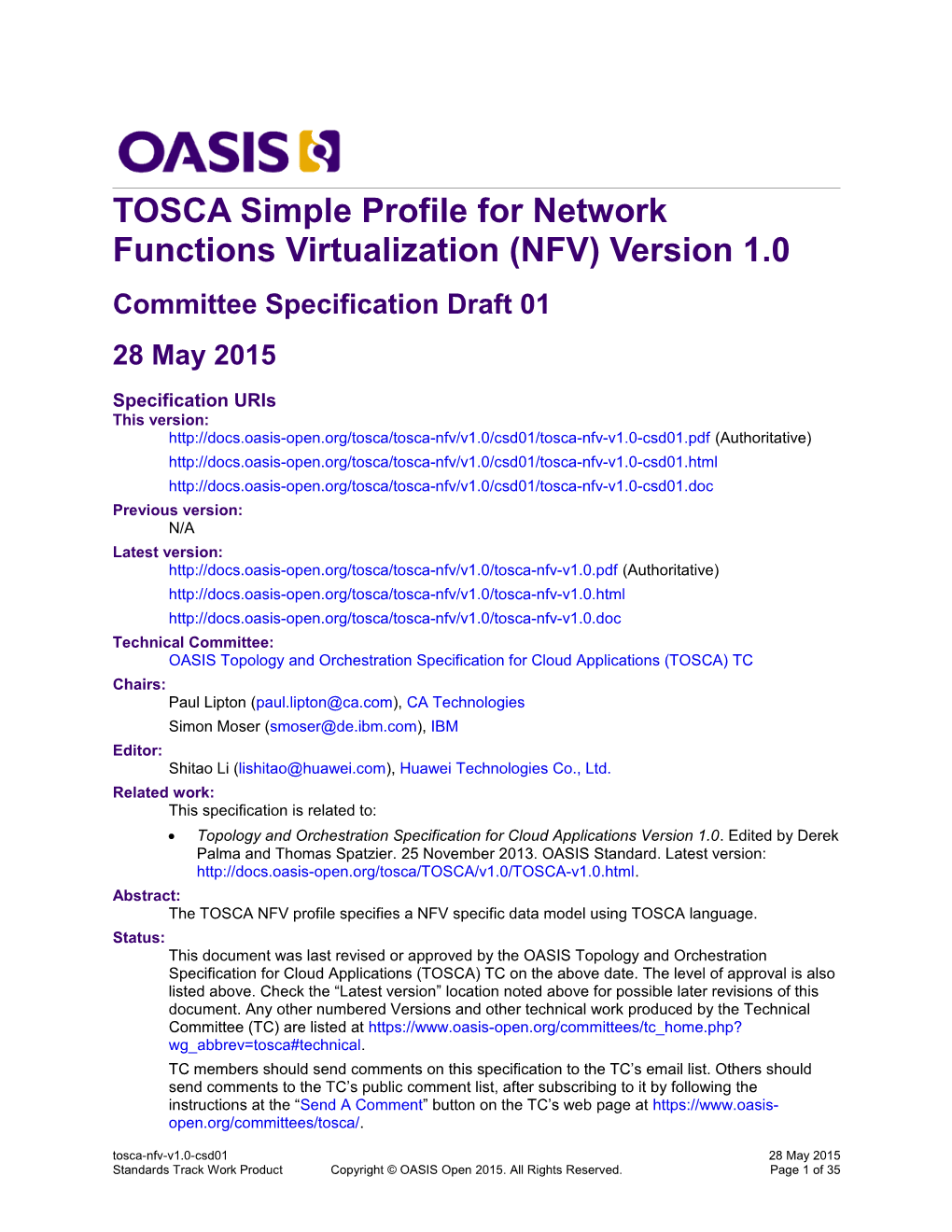 TOSCA Simple Profile for Network Functions Virtualization (NFV) Version 1.0