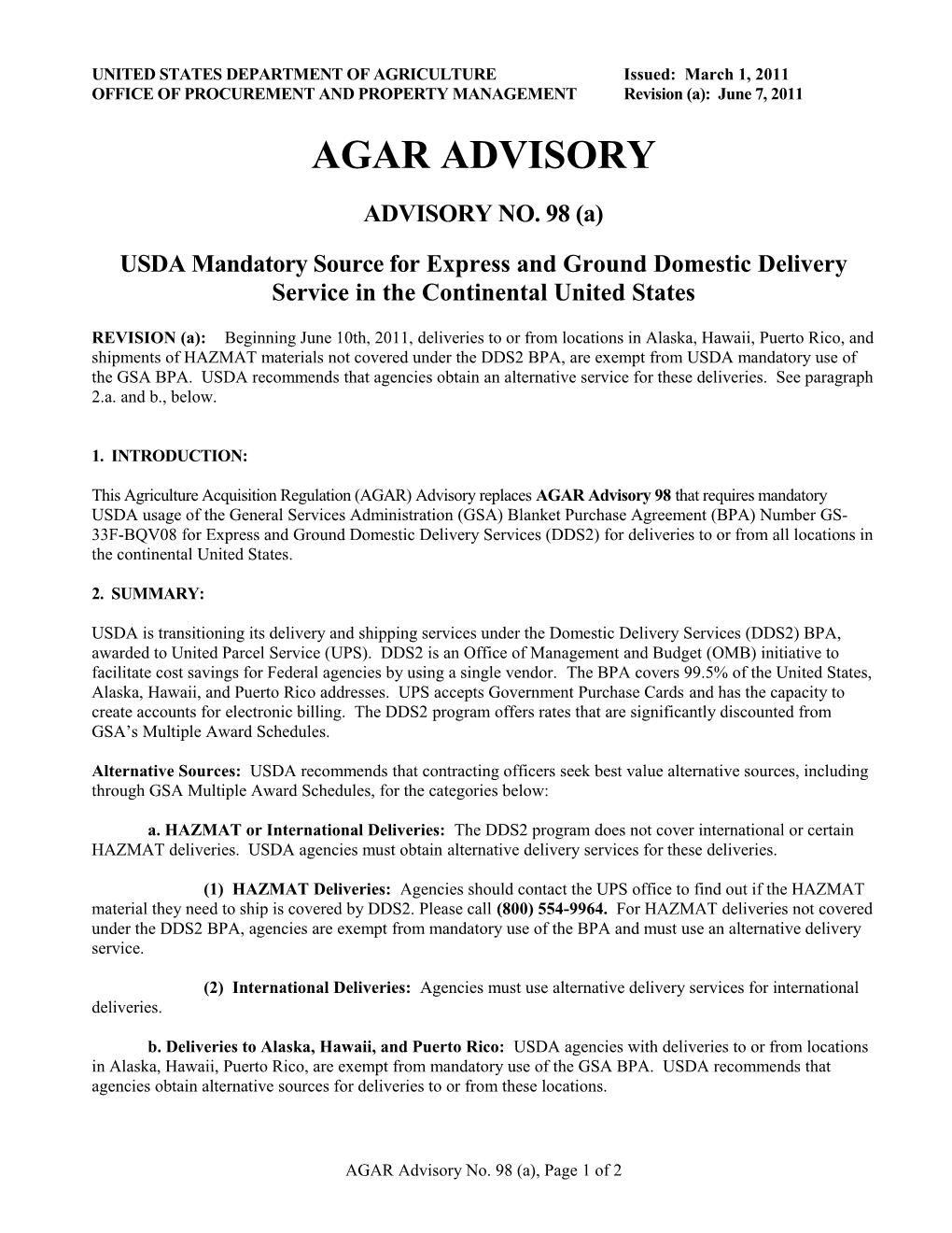 USDA Mandatory Source for Express and Ground Domestic Delivery Service in the Continental