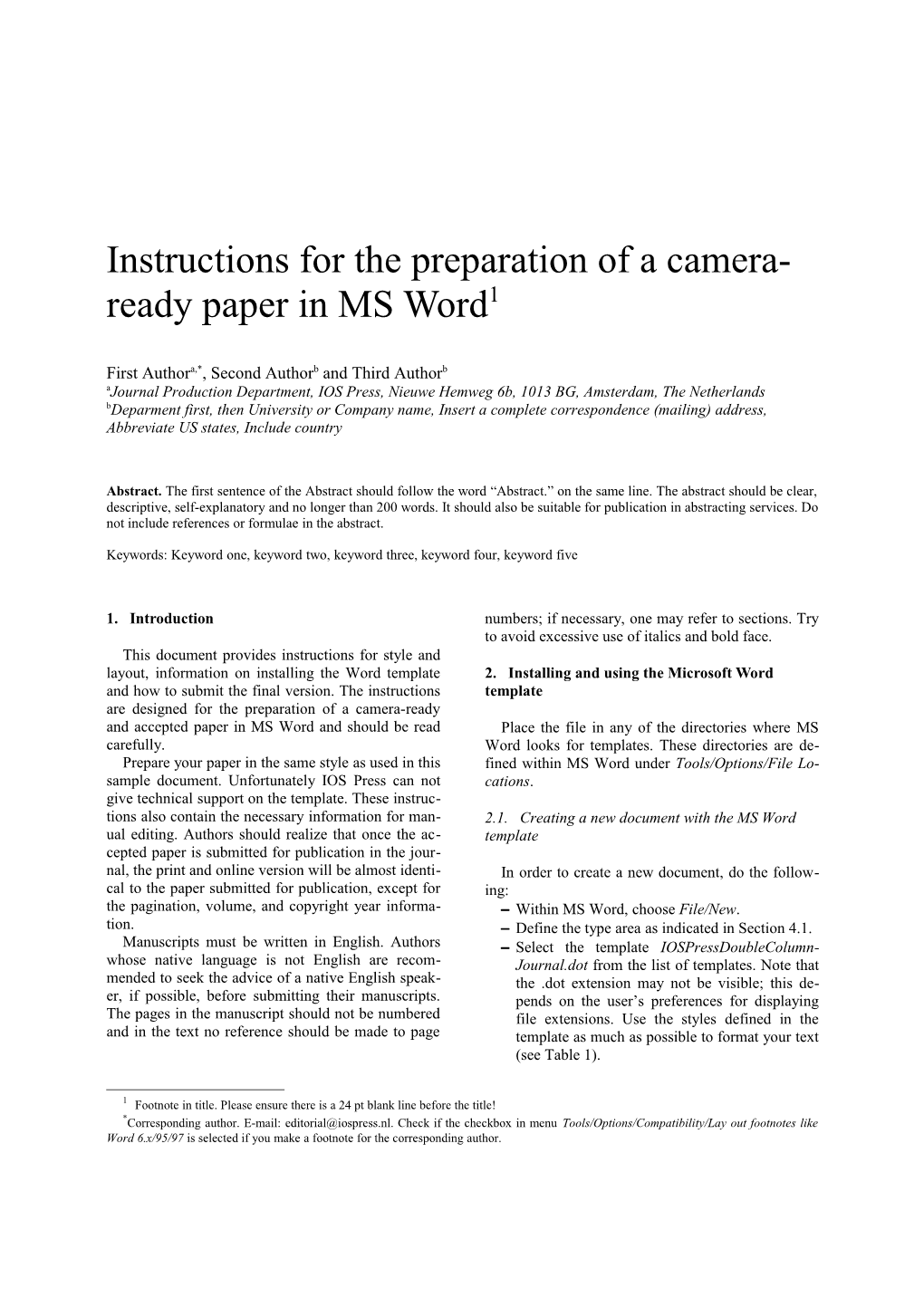 Instructions for the Preparation of a Camera-Ready Paper in MS Word