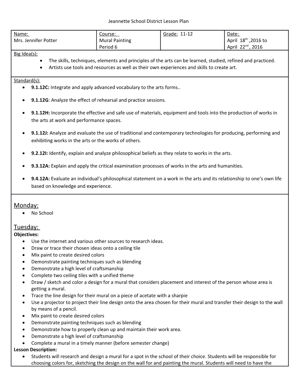 Jeannette School District Lesson Plan